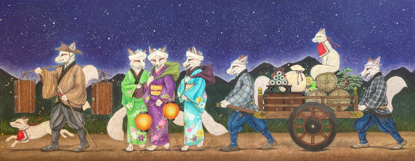 absurd_res anthro asian_clothing asian_mythology canid canine clothing east_asian_clothing east_asian_mythology female feral fox fur group hi_res japanese_clothing japanese_mythology kaho_nishikawa kimono male mammal mythology night outside red_fox traditional_media_(artwork) true_fox white_body white_fur