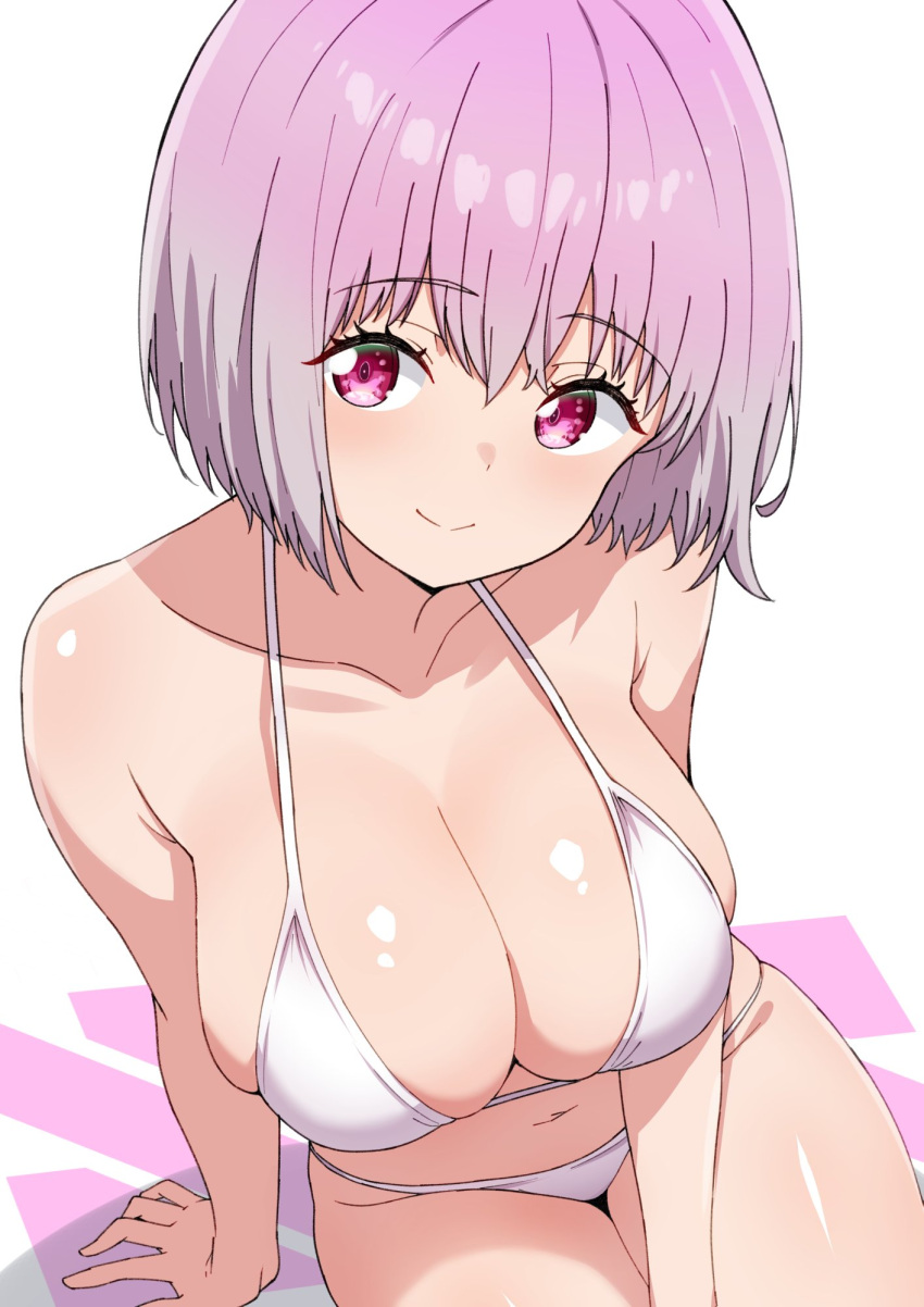 arm_support bikini breasts closed_mouth collarbone female gridman_universe highres kamidan large_breasts navel pink_eyes pink_hair shinjou_akane short_hair simple_background sitting smile solo ssss.gridman swimsuit thighs white_background white_bikini