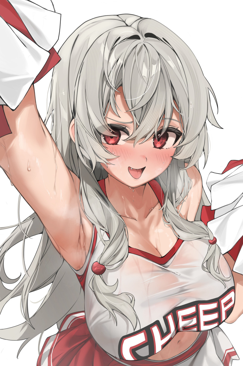 absurdres arm_up armpits bare_shoulders blush breasts cheerleader cleavage collarbone commission crop_top female from_above grey_hair hair_between_eyes highres holding holding_pom_poms kiro_(kirotayu) large_breasts long_hair looking_at_viewer midriff miniskirt navel oerba_yun_fang open_mouth original pom_pom_(cheerleading) raised_eyebrow red_eyes shirt simple_background skirt sleeveless sleeveless_shirt smile solo sweat taut_clothes taut_shirt very_long_hair wet wet_clothes wet_shirt white_background white_shirt