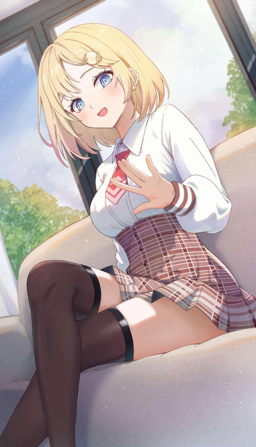 black_thighhighs blonde_hair blue_eyes blue_sky blush breasts chahanramen cloud cloudy_sky collared_shirt commentary couch crossed_legs female hand_up highres hololive hololive_english indoors large_breasts looking_at_viewer monocle necktie on_couch open_mouth red_necktie shirt short_hair sky smile solo thighhighs thighs virtual_youtuber watson_amelia watson_amelia_(1st_costume) white_shirt