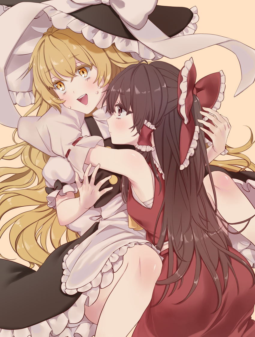 2girls absurdres apron ascot averting_eyes black_skirt black_vest blonde_hair blush bow brown_eyes brown_hair chalc0 commentary_request detached_sleeves frilled_bow frilled_hair_tubes frills hair_tubes hairbow hakurei_reimu hat hat_bow highres hug kirisame_marisa long_hair looking_at_another multiple_girls open_mouth puffy_short_sleeves puffy_sleeves red_bow red_skirt ribbon-trimmed_sleeves ribbon_trim short_sleeves skirt skirt_set sweat touhou vest waist_apron white_apron white_bow witch_hat yellow_ascot yellow_eyes yuri