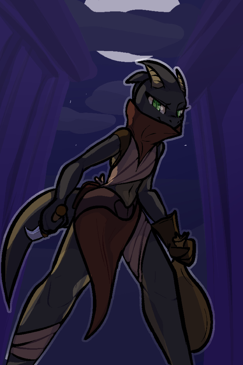 2020 absurd_res anthro bag black_body female green_eyes hi_res kobold rogue smile solo trufzn