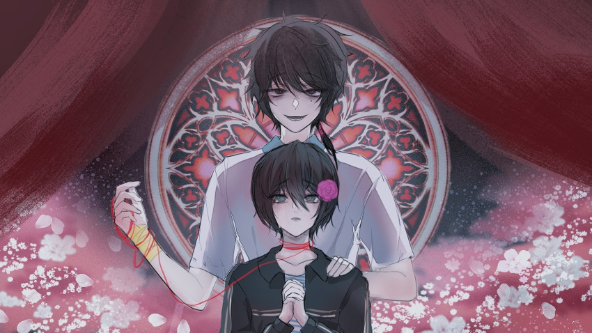 2boys alternate_eye_color bandaged_wrist bandages black_eyes black_hair black_jacket blue_eyes chinese_commentary commentary_request crying crying_with_eyes_open flower fu_shun_(touqi_guaitan) hair_flower hair_ornament hand_on_another's_shoulder jacket long_sleeves male_focus multiple_boys open_clothes open_jacket open_mouth own_hands_clasped own_hands_together pink_flower red_pupils shirt short_hair short_sleeves smile string_around_neck ta_fangfang tears touqi_guaitan white_shirt ziche_fuzhao