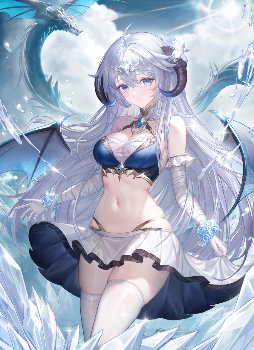 ahoge armlet bandaged_arm bandages bare_shoulders black_horns blue_eyes blue_gemstone breasts chest_sarashi cleavage closed_mouth cloud day dragon dragon_horns dragon_ornament dragon_wings eyeliner female flower gem gloves gold gold_trim hair_between_eyes hair_flower hair_ornament highleg highleg_panties highres horns ice icicle jewelry large_breasts lens_flare long_hair looking_at_viewer makeup midriff miniskirt navel original panties panty_straps pleated_skirt red_eyeliner revealing_clothes sarashi skindentation skirt sky smile solo standing stomach sunlight thighhighs thighs underwear water_drop white_gloves white_hair white_skirt white_thighhighs wings wrist_flower yizhibao zettai_ryouiki