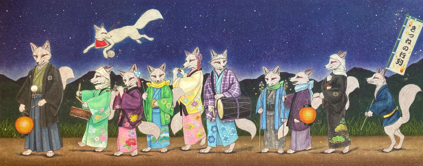 absurd_res anthro asian_clothing asian_mythology canid canine clothing east_asian_clothing east_asian_mythology female feral fox fur group hi_res japanese_clothing japanese_mythology kaho_nishikawa kimono male mammal mythology night outside red_fox traditional_media_(artwork) true_fox white_body white_fur