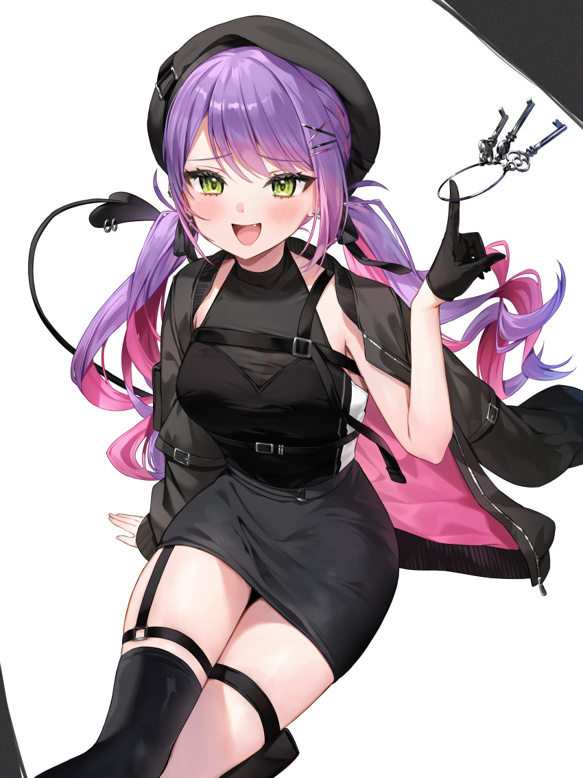 absurdres alternate_costume alternate_hairstyle arm_support black_coat black_dress black_gloves coat coat_partially_removed colored_inner_hair commentary_request dress female gloves green_eyes highres hololive index_finger_raised key long_hair looking_at_viewer low_twintails multicolored_hair open_mouth pink_hair purple_hair runlan_0329 short_dress simple_background single_glove sitting smile solo tokoyami_towa twintails virtual_youtuber white_background