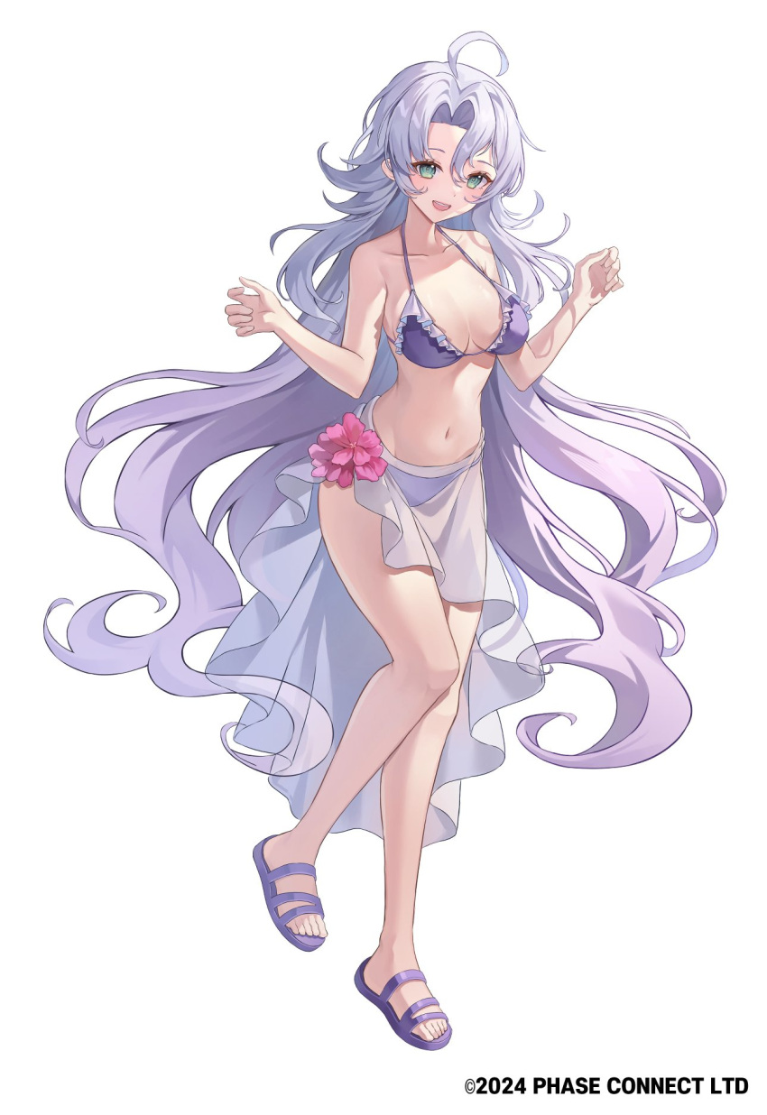 ahoge bikini breasts collarbone copyright_notice female flower full_body green_eyes greenapple grey_hair hashtag-only_commentary highres long_hair navel open_mouth phase_connect pink_flower purple_bikini purple_footwear sarong shisui_michiru_(phase_connect) solo swimsuit teeth upper_teeth_only virtual_youtuber white_sarong