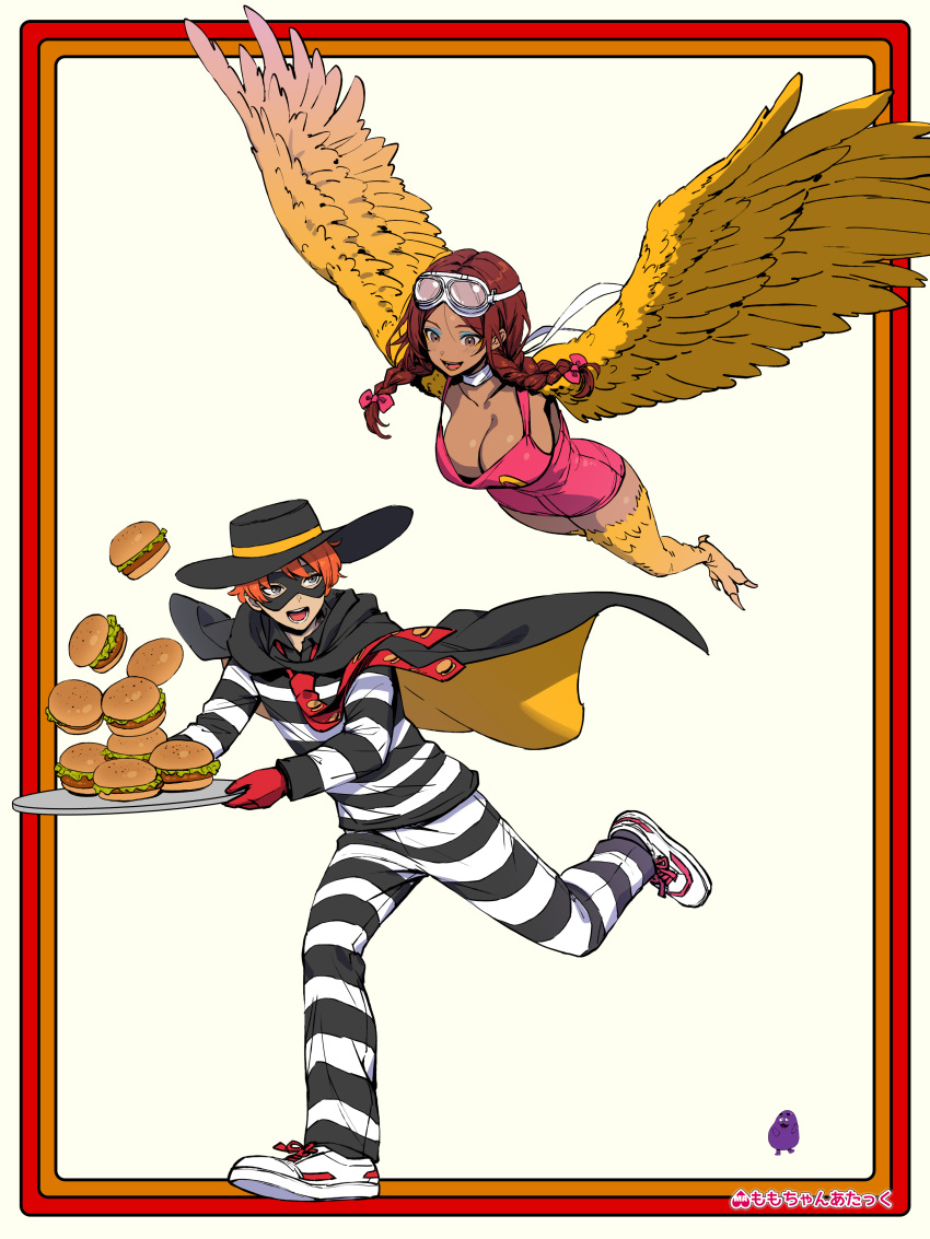 1boy absurdres artist_logo birdie_the_early_bird black_cape black_eyes black_hat blue_eyeshadow border bow breasts brown_eyes burger cape chasing clawed_feet cleavage commentary dark-skinned_female dark_skin domino_mask english_commentary eyeshadow feathered_wings feathers female flying food full_body gloves goggles grimace_(mcdonald's) hairbow hamburglar harpy hat highres large_breasts light_blush long_hair loose_necktie makeup mask mcdonald's momo-chan_atakku monster_girl necktie open_mouth overalls personification pink_bow pink_overalls prison_clothes red_gloves red_hair ribbon running shoes short_hair smile sneakers teeth twintails white_ribbon wide_brim wings yellow_feathers