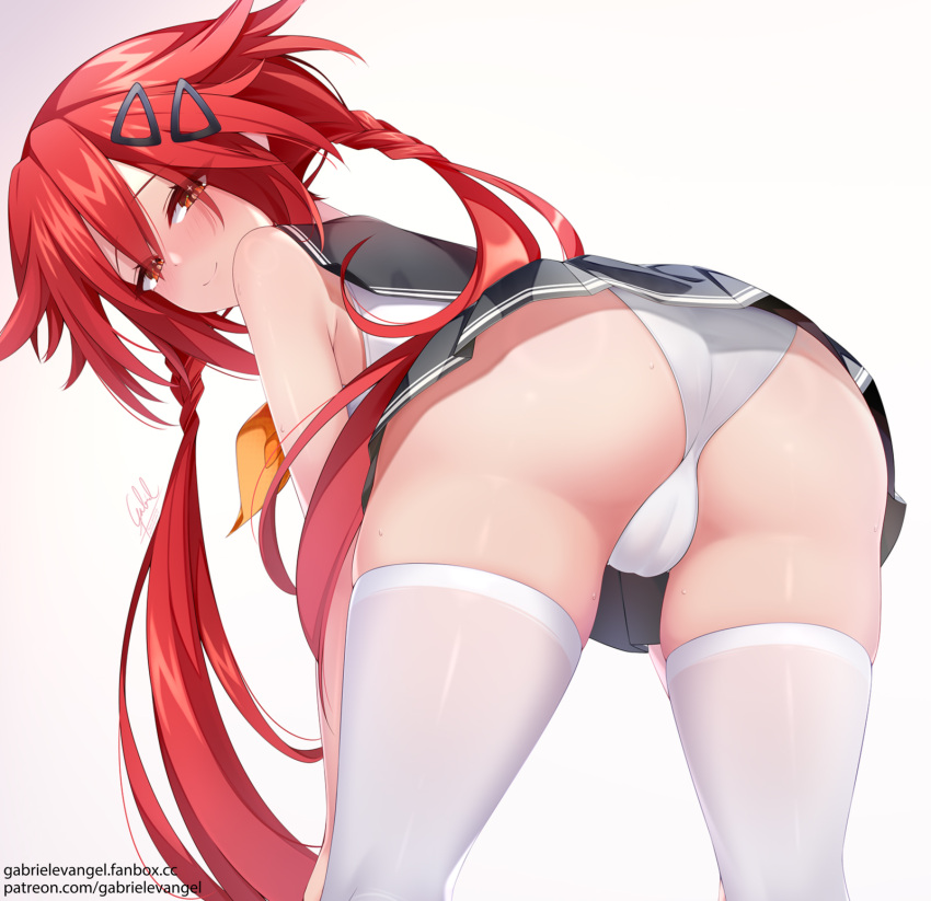 alternate_costume ass bare_shoulders bent_over black_skirt blush braid commentary female from_behind gabriel_evangel hair_between_eyes hair_ornament hairclip half-closed_eyes highres legs_apart long_hair looking_at_viewer looking_back miniskirt neckerchief neptune_(series) orange_neckerchief panties pleated_skirt presenting red_eyes red_hair school_uniform serafuku shin_jigen_game_neptune_vii shirt skindentation skirt sleeveless sleeveless_shirt smile solo standing tennouboshi_uzume thighhighs thighs twin_braids twintails underwear very_long_hair white_panties