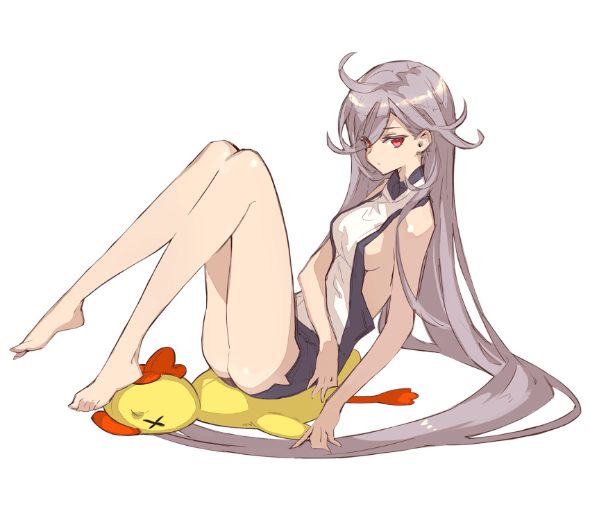 ahoge ass breasts closed_mouth da-kuro expressionless female from_side grey_hair highres laevateinn_(phantom_of_the_kill) long_hair looking_at_viewer official_alternate_costume official_art phantom_of_the_kill red_eyes sideboob simple_background sitting solo stuffed_animal stuffed_duck stuffed_toy thighs transparent_background very_long_hair