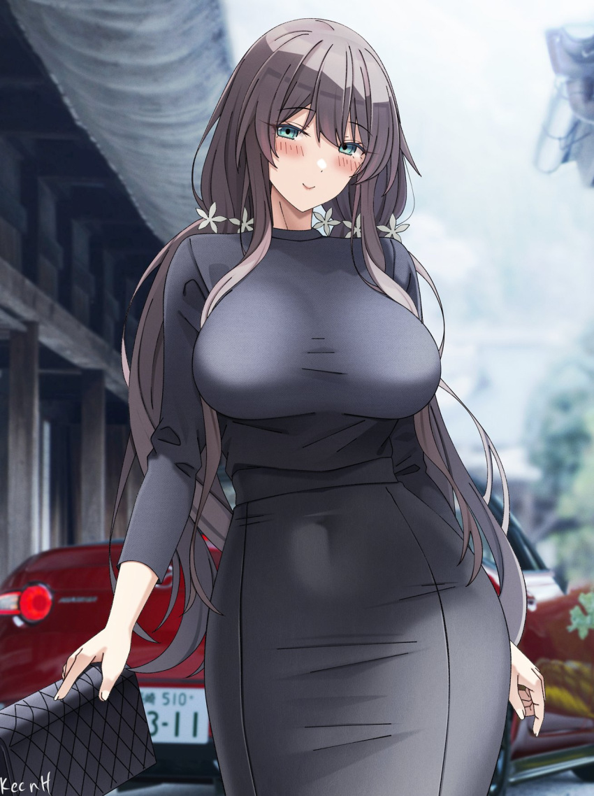 artist_name black_hair black_shirt black_skirt blush breasts car closed_mouth commentary covered_navel english_commentary female green_eyes hair_ornament highres holding keenh large_breasts long_hair looking_at_viewer motor_vehicle original outdoors shirt skirt smile solo