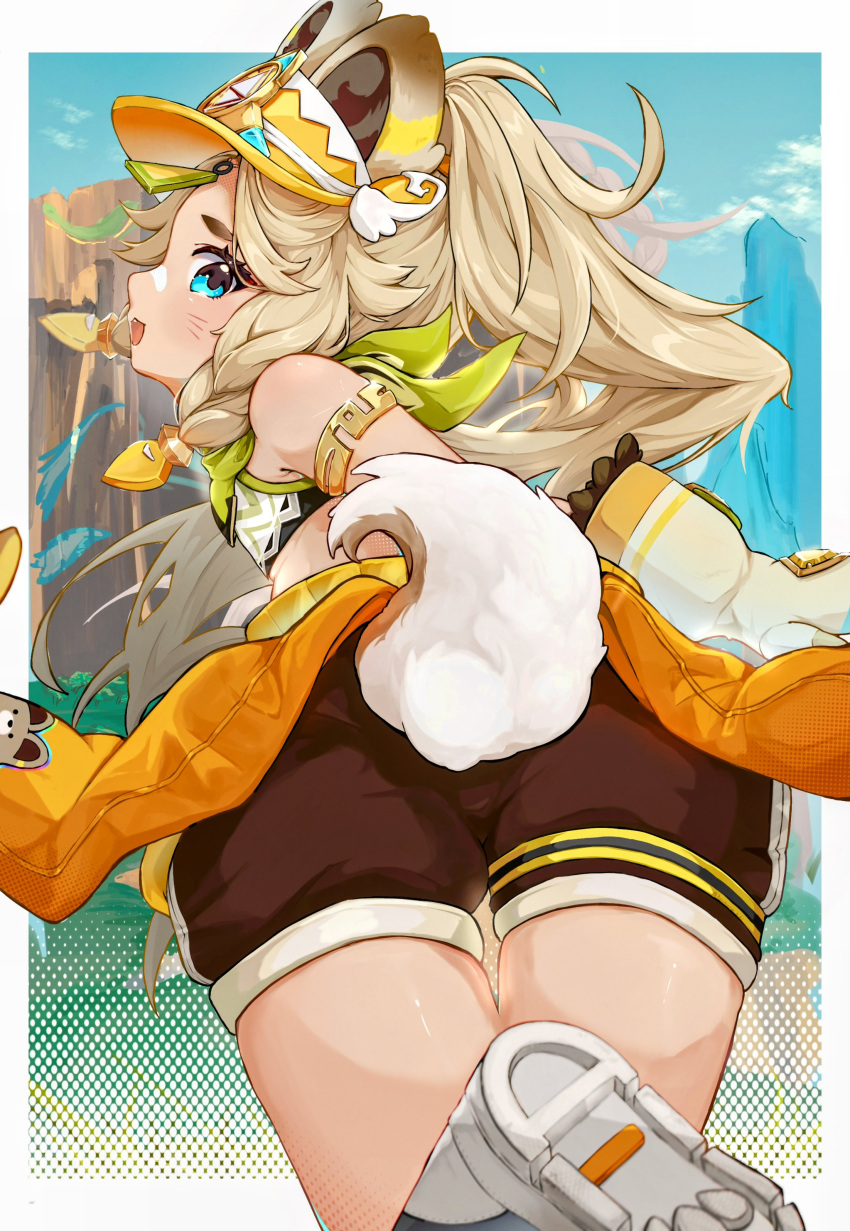 absurdres armlet ass ass_focus bandana bandana_around_neck bare_shoulders blonde_hair blue_eyes blush border braid brown_shorts chestnut_mouth chinchilla_ears chinchilla_girl chinchilla_tail crop_top female foot_up from_behind fur-trimmed_mittens fur_trim genshin_impact green_bandana hair_ornament halftone halftone_background high_ponytail highres hourousya jewelry kachina_(genshin_impact) looking_at_viewer mittens open_mouth outdoors outside_border shirt shorts sleeveless sleeveless_shirt smile solo thighs twin_braids visor_cap white_border