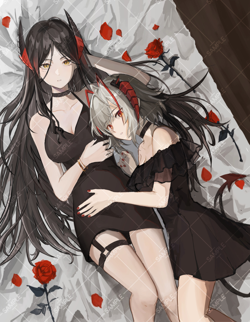 2girls arknights bangle bare_shoulders black_choker black_dress black_hair black_nails bracelet breasts brown_eyes choker cleavage dress feet_out_of_frame flower grey_hair highres horns ines_(arknights) jewelry kobarisusuz large_breasts lying medium_breasts multiple_girls nail_polish off-shoulder_dress off_shoulder on_back on_side parted_bangs petals red_flower red_nails red_rose rose rose_petals sample_watermark sleeveless sleeveless_dress tail w_(arknights) watermark