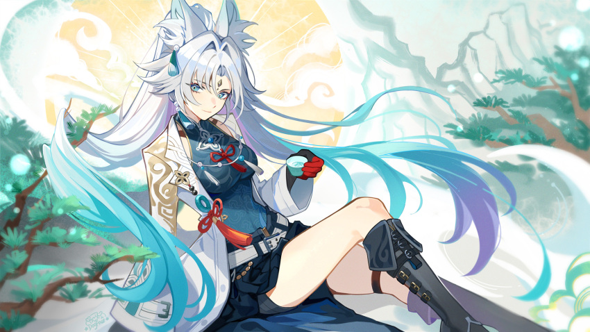 animal_ear_fluff animal_ears aqua_hair aqua_shirt boots breasts commentary_request cup feixiao_(honkai:_star_rail) female fox_ears gloves gou_lianlian_dogface gradient_hair hair_intakes highres holding holding_cup honkai:_star_rail honkai_(series) long_hair looking_at_viewer medium_breasts multicolored_hair shirt sitting smile solo very_long_hair white_hair