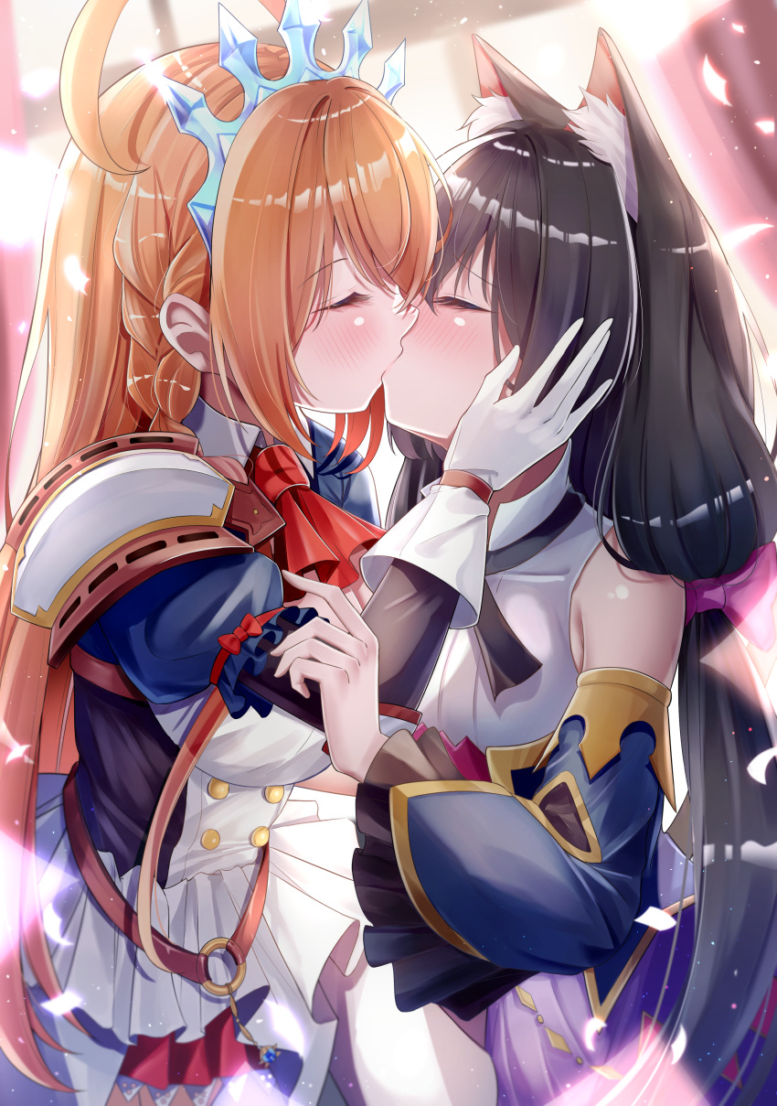 2girls absurdres ahoge animal_ear_fluff animal_ears armor ascot belt black_hair blue_sleeves braid breasts cat_ears cat_girl closed_eyes detached_sleeves dress elto_0079 from_side gloves hair_ribbon highres karyl_(princess_connect!) kissing large_breasts long_hair low_twintails multicolored_hair multiple_girls orange_hair pecorine_(princess_connect!) princess_connect! purple_ribbon red_ascot ribbon shoulder_armor side_braid skirt streaked_hair striped_clothes tiara twintails vertical-striped_clothes white_gloves white_skirt yuri