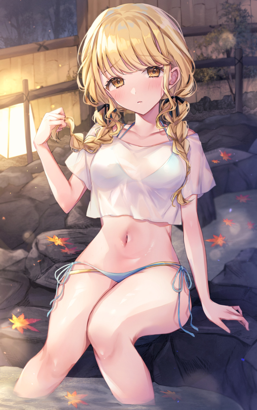 absurdres bare_legs bikini bikini_under_clothes blonde_hair blue_bikini blush braid commentary_request female fujita_kotone gakuen_idolmaster hair_ribbon highres idolmaster lantern leaf looking_at_viewer maple_leaf navel onsen ribbon see-through see-through_shirt shirt short_sleeves side-tie_bikini_bottom sitting soaking_feet solo sorashima_(117) stomach swimsuit twin_braids white_shirt wooden_wall yellow_eyes