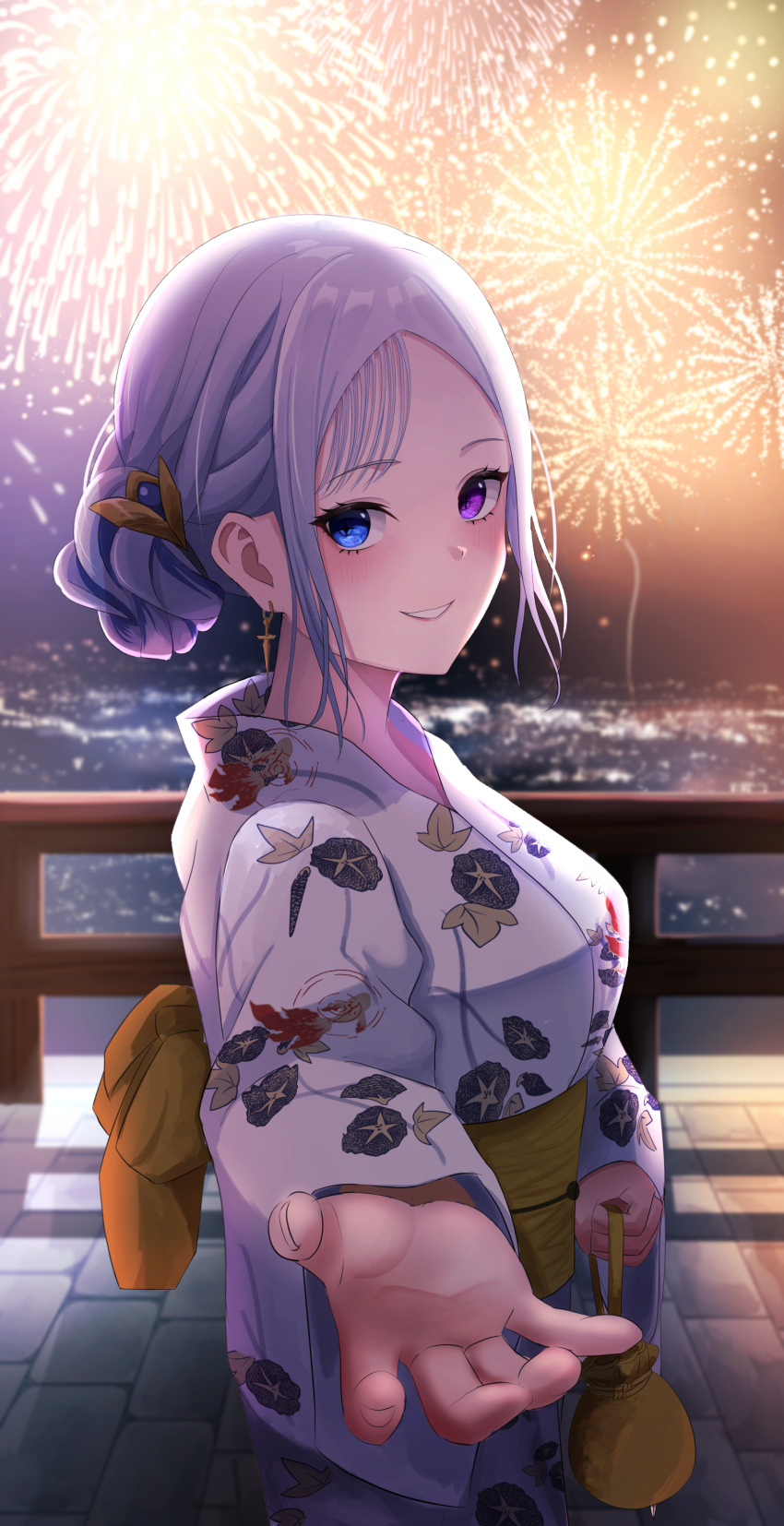 absurdres aerial_fireworks back_bow bag blue_eyes blurry blurry_background bow breasts earrings female fireworks floral_print hair_ornament heterochromia highres holding holding_bag japanese_clothes jewelry kimono leaf_print neo-porte nmek4544 obi purple_eyes reaching reaching_towards_viewer sash smile solo symbol-shaped_pupils tentei_forte virtual_youtuber white_kimono yellow_bow