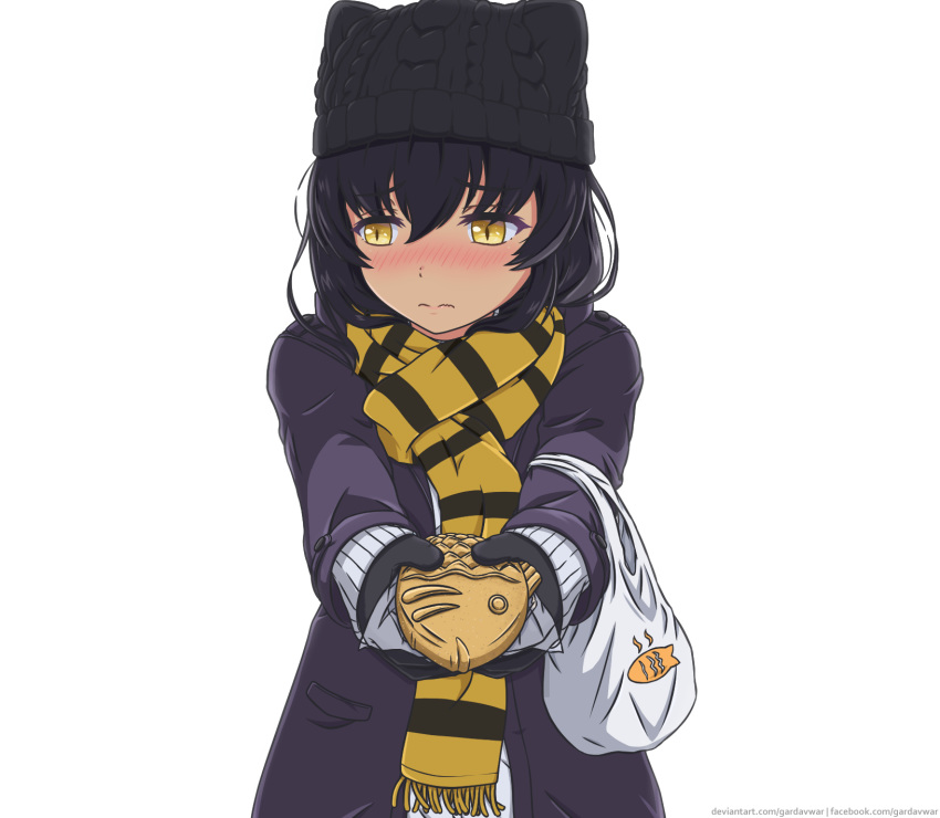 bag black_hair black_hat blake_belladonna blush commentary_request female fish food gardavwar giving gloves hair_between_eyes hat highres holding holding_food long_hair long_sleeves rwby scarf self-upload simple_background solo striped_clothes striped_scarf taiyaki upper_body wagashi watermark web_address white_background yellow_eyes yellow_scarf