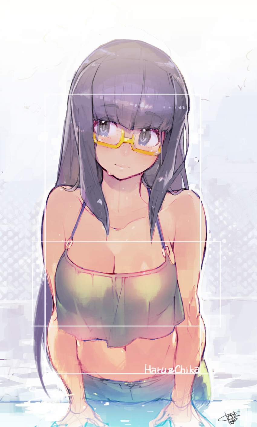 black_eyes black_hair breasts cleavage collarbone commentary_request female haruchika highres large_breasts namaniku_atk narushima_miyoko navel photoshop_(medium) solo wet