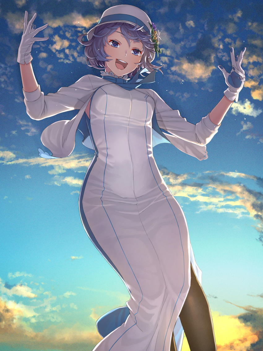 :d black_legwear blue_eyes cloud dress female from_below gloves hat highres itou_(onsoku_tassha) looking_at_viewer open_mouth outdoors purple_hair short_hair sky smile solo suntory suntory_nomu tight_clothes tight_dress virtual_youtuber