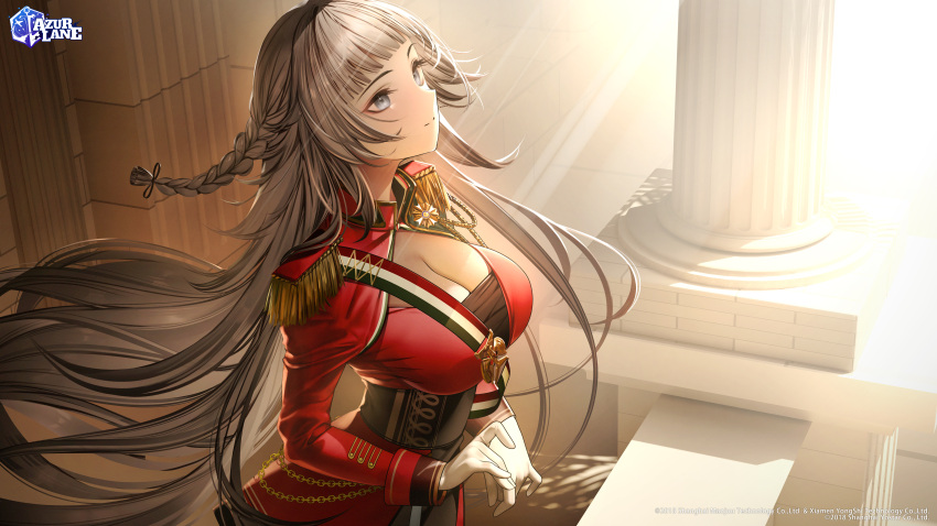 absurdres aiguillette architecture azur_lane blunt_bangs braid breasts chains cleavage closed_mouth column corset cowboy_shot dress epaulettes eyelashes female floating_hair from_side gloves greco-roman_architecture grey_eyes grey_hair highres jacket large_breasts light_smile long_hair nanaken_nana official_art pillar red_dress red_jacket shrug_(clothing) side_braids smile solo standing sunlight underbust vittorio_veneto_(azur_lane) watermark white_gloves