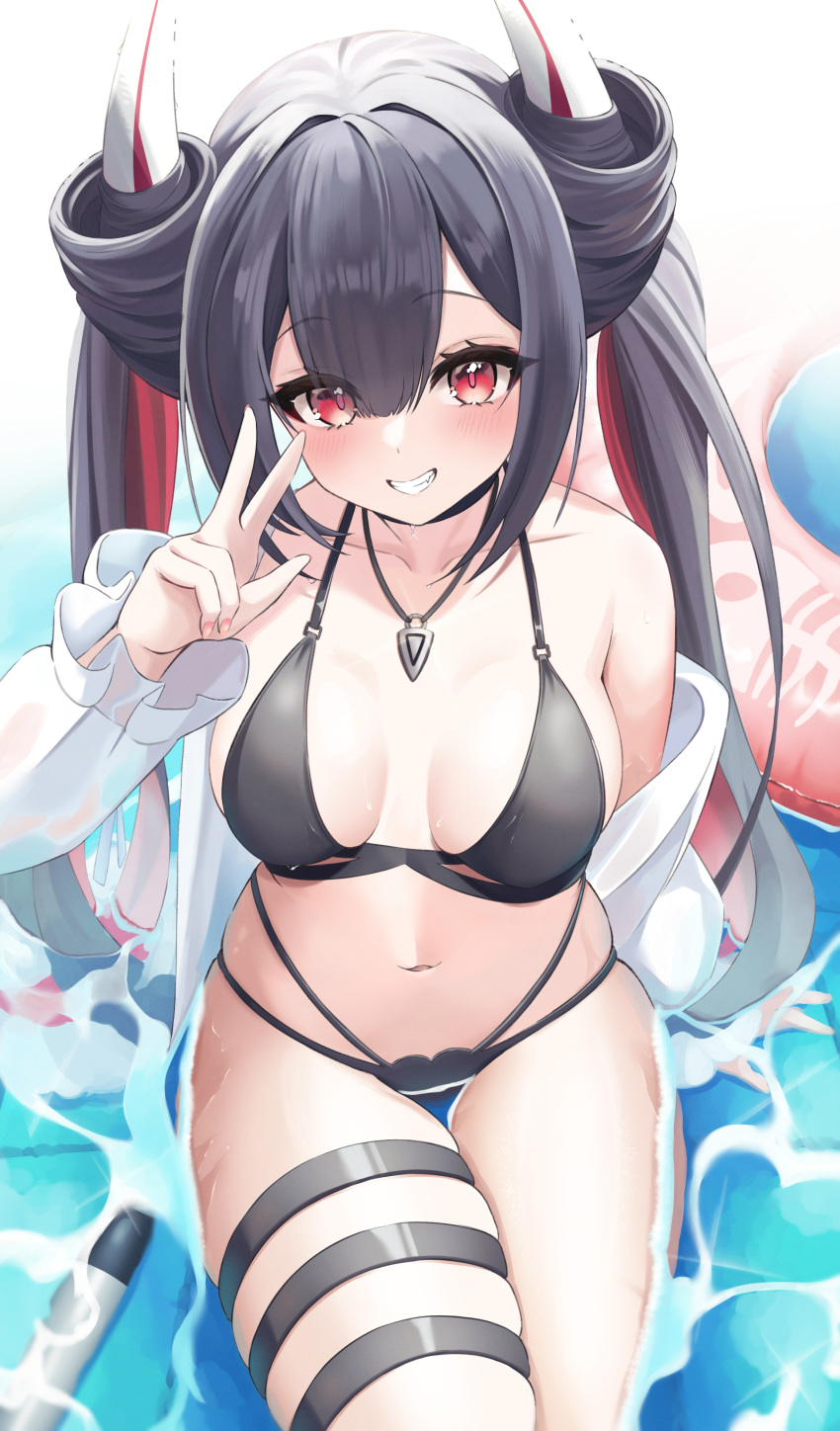 absurdres azur_lane bikini black_bikini black_hair breasts cleavage collarbone colored_inner_hair elegant_(sumisumi4268) female hair_between_eyes hand_up hatsuzuki_(august's_first_romance)_(azur_lane) hatsuzuki_(azur_lane) highres horns jacket jewelry long_hair looking_at_viewer multicolored_hair necklace official_alternate_costume see-through see-through_jacket sitting smile swimsuit thigh_strap torpedo twintails v white_jacket