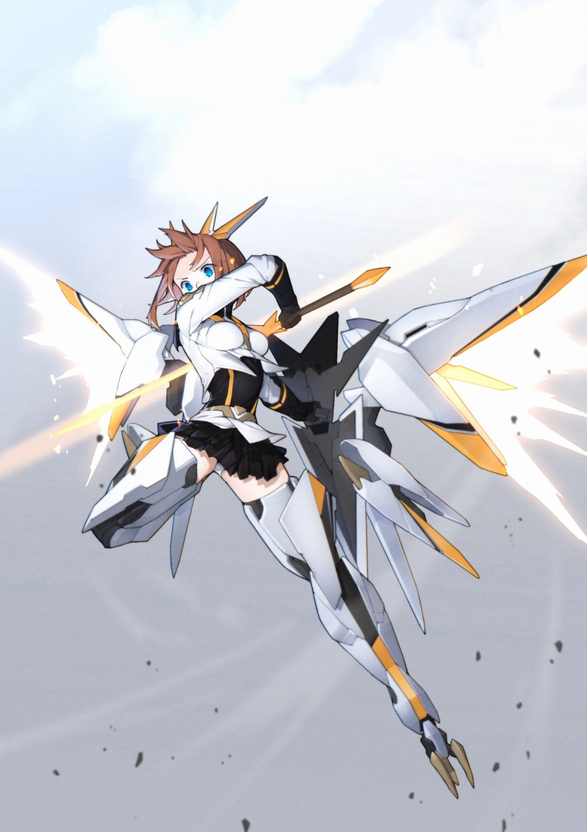 alice_gear_aegis black_gloves blue_eyes brown_hair commentary_request female floating floating_object gloves highres holding holding_shield holding_sword holding_weapon kanagata_sugumi karappo_(keith8387) mecha_musume mechanical_arms mechanical_legs mechanical_wings panties shield sky solo sword underwear weapon white_panties wings