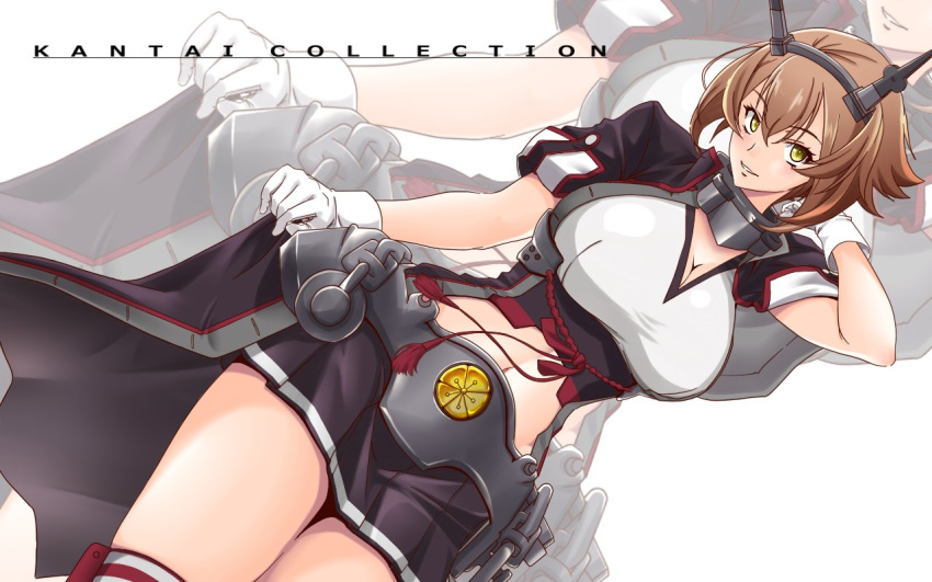 breasts brown_hair commentary_request copyright_name cowboy_shot cropped_jacket female flipped_hair gloves hairband head_tilt headgear kantai_collection kiriki_haruomi large_breasts looking_at_viewer midriff miniskirt mutsu_(kancolle) mutsu_kai_ni_(kancolle) radio_antenna red_thighhighs short_hair simple_background skirt solo standing thighhighs white_background white_gloves yellow_eyes zoom_layer