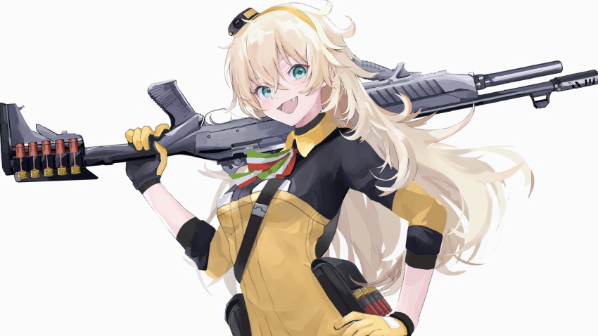 :d blonde_hair commentary fabarm_sat-8 female girls'_frontline gloves green_eyes gun hair_between_eyes hairband hand_on_own_hip highres long_hair looking_at_viewer messy_hair oerba_yun_fang open_mouth s.a.t.8_(girls'_frontline) shotgun shotgun_shell smile solo tepqei weapon white_background