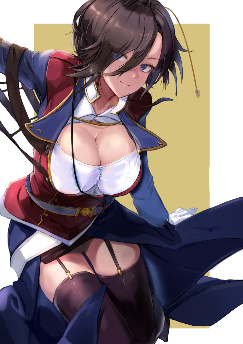 absurdres ark_royal_(azur_lane) azur_lane belt black_hair black_skin black_thighhighs blue_belt blue_eyes blue_sleeves breasts cleavage cleavage_cutout closed_mouth clothing_cutout colored_skin commentary_request cowboy_shot eyes_visible_through_hair female gloves hair_between_eyes hair_ornament hair_over_one_eye highres jacket large_breasts long_sleeves looking_at_viewer miniskirt red_jacket sankyo_(821-scoville) shirt short_hair sidelocks skindentation skirt smile solo standing thighhighs waistcoat white_gloves white_shirt yellow_background zettai_ryouiki