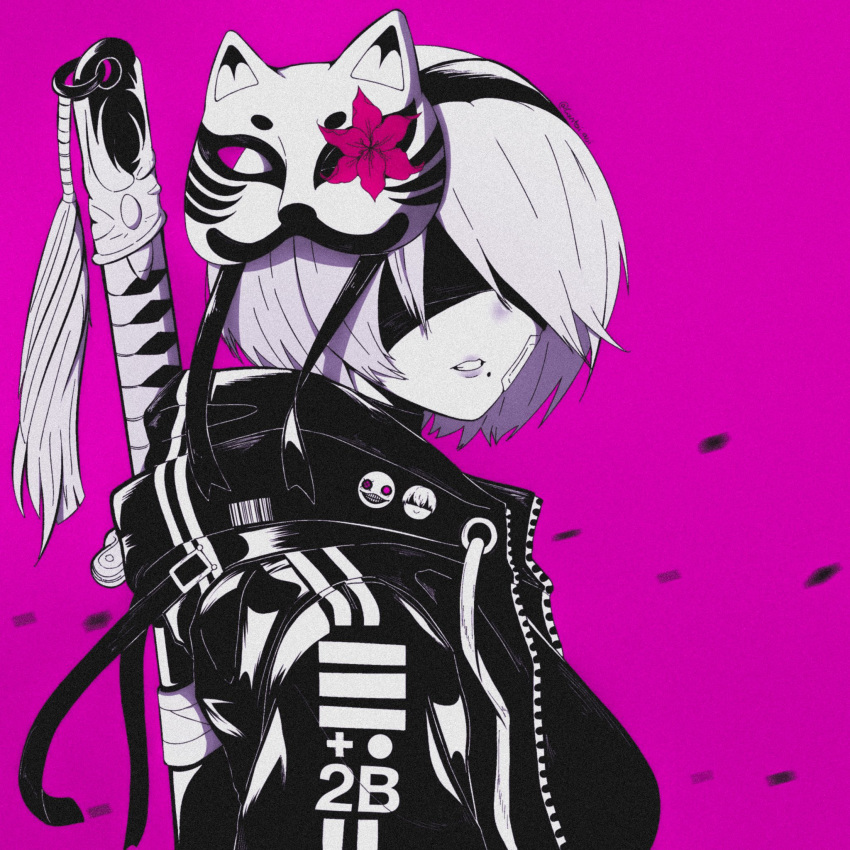 1boy 1other 2b_(nier:automata) 9s_(nier:automata) badge bandaid bandaid_on_face black_blindfold black_headband black_jacket blindfold breasts buckle button_badge character_name commentary covered_eyes emil_(nier) english_commentary female flower fox_mask from_side gantai-_(gxntai) hair_flower hair_ornament hairband headband highres hood hood_down hooded_jacket instagram_username jacket jpeg_artifacts katana large_breasts looking_at_viewer mask mask_on_head mole mole_under_mouth nier:automata nier_(series) pink_background red_flower short_hair simple_background solo_focus strap string swept_bangs sword sword_behind_back tassel upper_body virtuous_contract weapon white_hair zipper