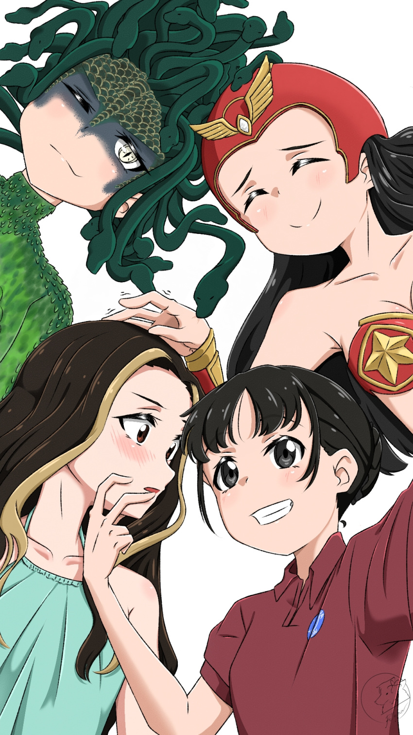 2girls bikini black_eyes black_hair blush bracelet brown_eyes brown_hair closed_eyes darna darna_(character) dual_persona english_commentary english_text fangs grin hand_on_another's_chin headpat helmet highres jewelry long_hair monster_girl multicolored_hair multiple_girls narda_(darna) one_eye_closed red_bikini regina_(darna) rolfyramc shirt smile snake_hair strapless strapless_bikini superhero_costume swimsuit two-tone_hair upper_body v valentina_(darna) yuri