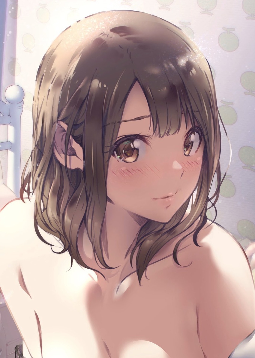 bare_shoulders blush breasts brown_eyes brown_hair cleavage close-up collarbone commentary_request female highres kappipe_(brd0520) lips looking_at_viewer original pursed_lips solo