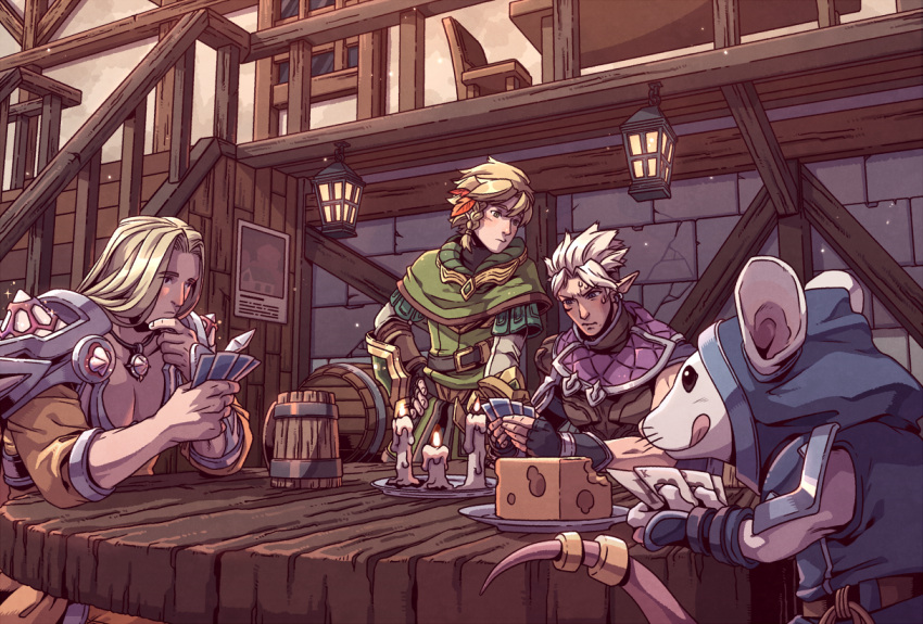 3boys armor bar_(place) barrel belt blonde_hair blush braid candle capelet card cheese commentary cup duplicate earrings ezreal fingerless_gloves food gambling gloves hand_on_own_face holding holding_card hood hood_up indoors jewelry lantern league_of_legends long_hair male_focus mouse_(animal) multiple_boys necklace pauldrons pixel-perfect_duplicate playing_card playing_games shirt short_hair shoulder_armor sitting stairs sweatdrop table talon_(league_of_legends) talon_blackwood tankard taric taric_luminshield tongue tongue_out twitch_(league_of_legends) twitch_shadowfoot undercut wenny02 white_hair window