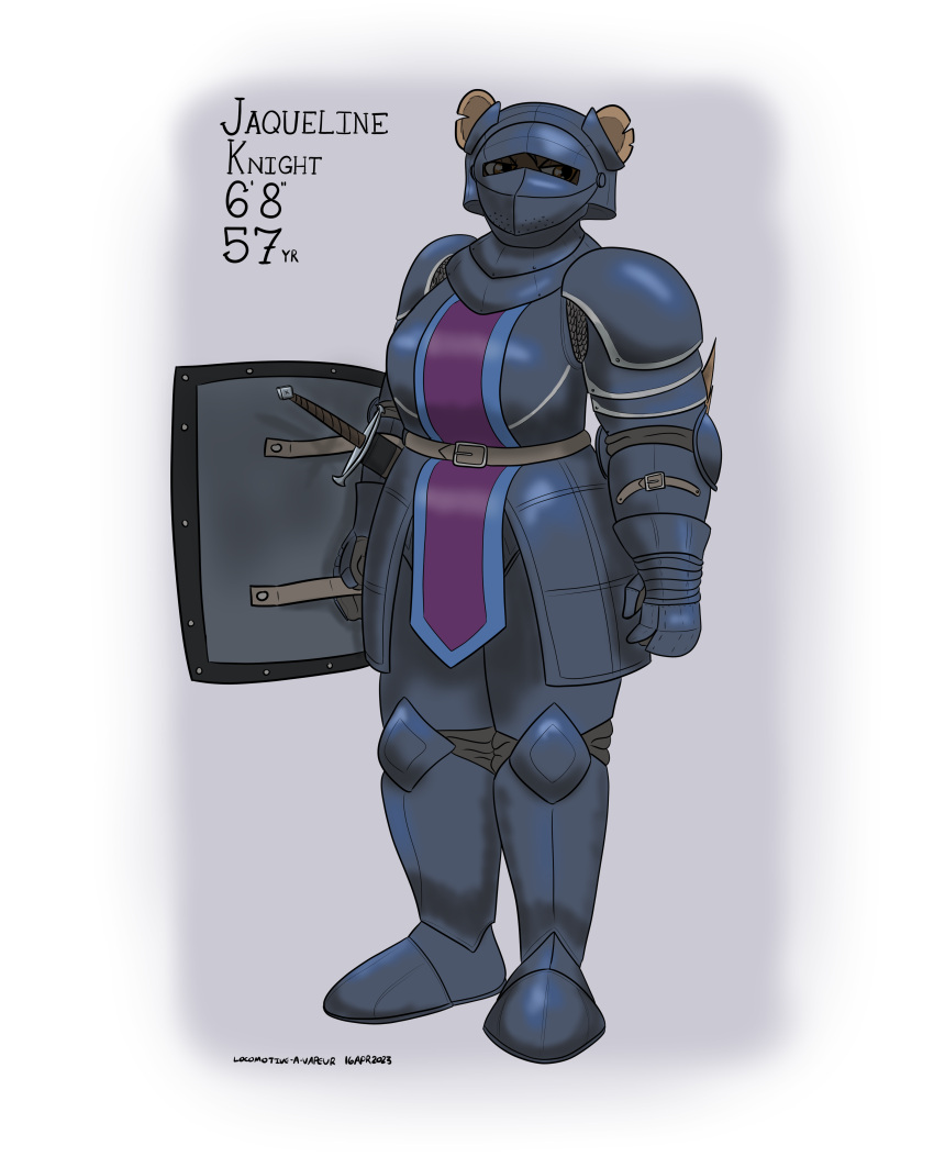 2023 4:5 absurd_res anthro armor blue_clothing brown_body brown_eyes brown_fur chainmail clothing colored female full_armor fur headgear helmet hi_res hyena jaqueline_(panzerschreckleopard) mammal mature_female melee_weapon notched_ear panzerschreckleopard plate_armor purple_clothing sallet shield solo spotted_hyena sword weapon