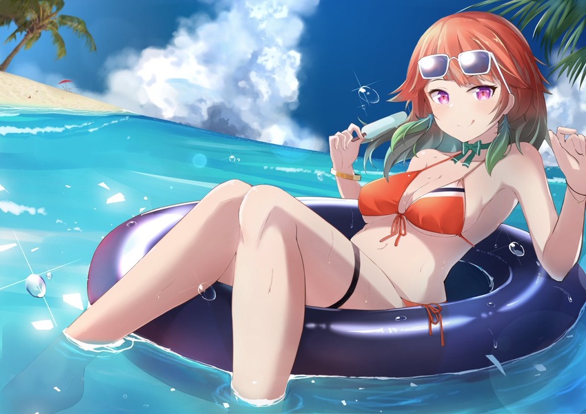 adapted_costume ayumu_(ayumu3659) beach bikini breasts cleavage earrings eyewear_on_head feather_earrings feathers female food gradient_hair green_hair halterneck hololive hololive_english innertube jewelry looking_at_viewer medium_breasts midriff multicolored_hair navel ocean open_hand orange_bikini orange_hair outdoors popsicle side-tie_bikini_bottom sitting sky smile solo sunglasses swim_ring swimsuit takanashi_kiara takanashi_kiara_(1st_costume) thigh_strap virtual_youtuber water