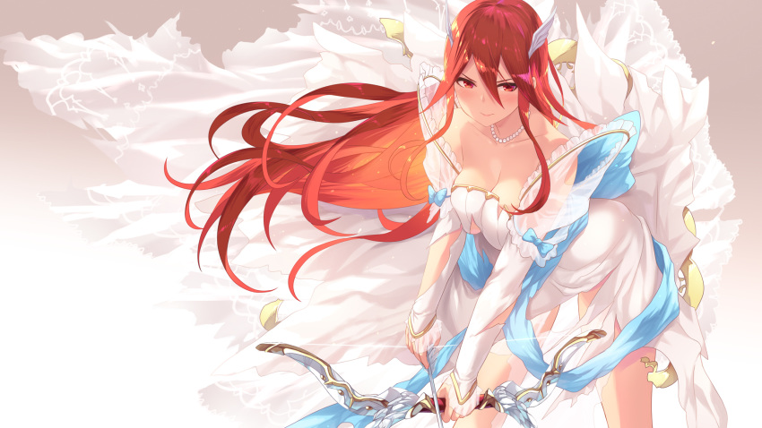 arrow_(projectile) bare_shoulders blush bow_(weapon) breasts bride cait_aron closed_mouth collarbone commentary cordelia_(bridal)_(fire_emblem) cordelia_(fire_emblem) dress female fire_emblem fire_emblem_awakening fire_emblem_heroes frills hair_ornament highres holding holding_weapon jewelry leaning_forward long_hair looking_at_viewer medium_breasts necklace pearl_necklace photoshop_(medium) red_eyes red_hair smile very_long_hair weapon wedding_dress white_dress winged_hair_ornament