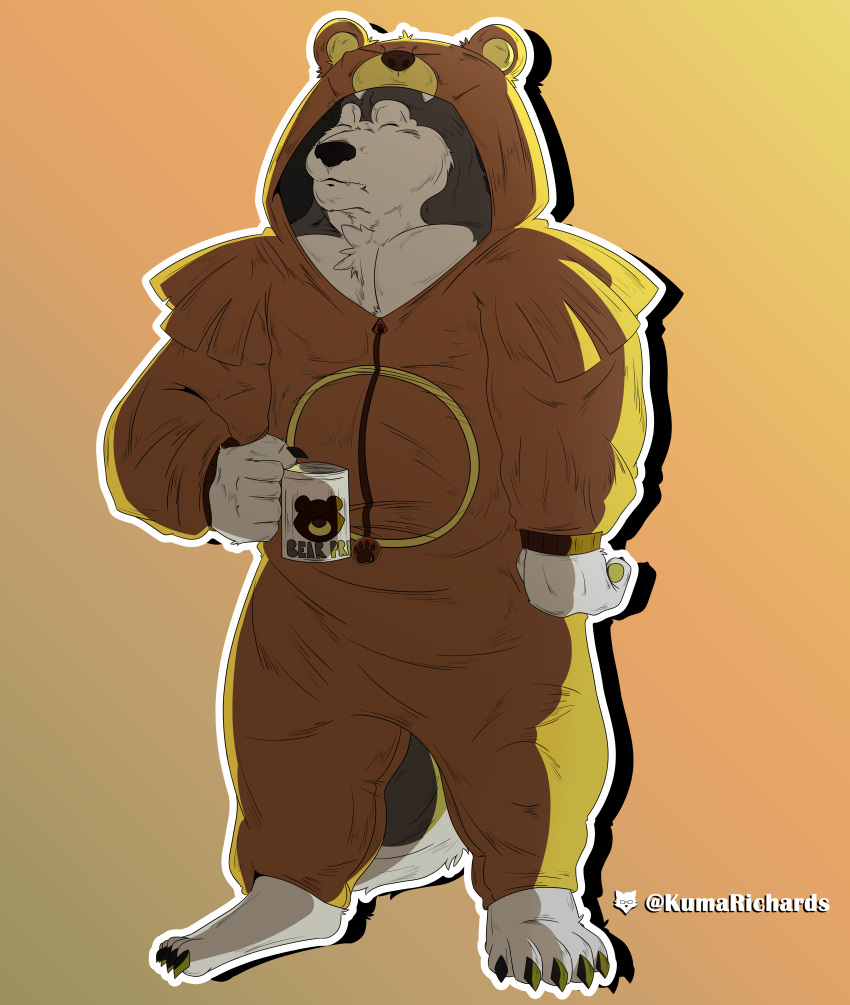 absurd_res anthro beverage canid canine canis clothing coffee domestic_dog generation_2_pokemon hi_res kigumuri kuma_richards male mammal muscular nintendo onesie pajamas pokemon pokemon_(species) solo tired ursaring