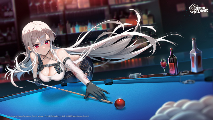 absurdres alcohol azur_lane ball bandaged_arm bandages bare_shoulders belt bent_over billiard_ball billiards black_choker black_gloves black_pants breasts chest_harness choker cleavage closed_mouth crop_top cue_stick cup drinking_glass expressionless female floating_hair gloves harness highres large_breasts long_hair looking_at_viewer midriff mole mole_under_eye official_alternate_costume official_art outstretched_arm pants red_eyes satchely shirt sleeveless sleeveless_shirt solo sovetskaya_rossiya_(azur_lane) sovetskaya_rossiya_(the_lackadaisical_lookout)_(azur_lane) standing tank_top very_long_hair white_hair white_shirt wine_glass