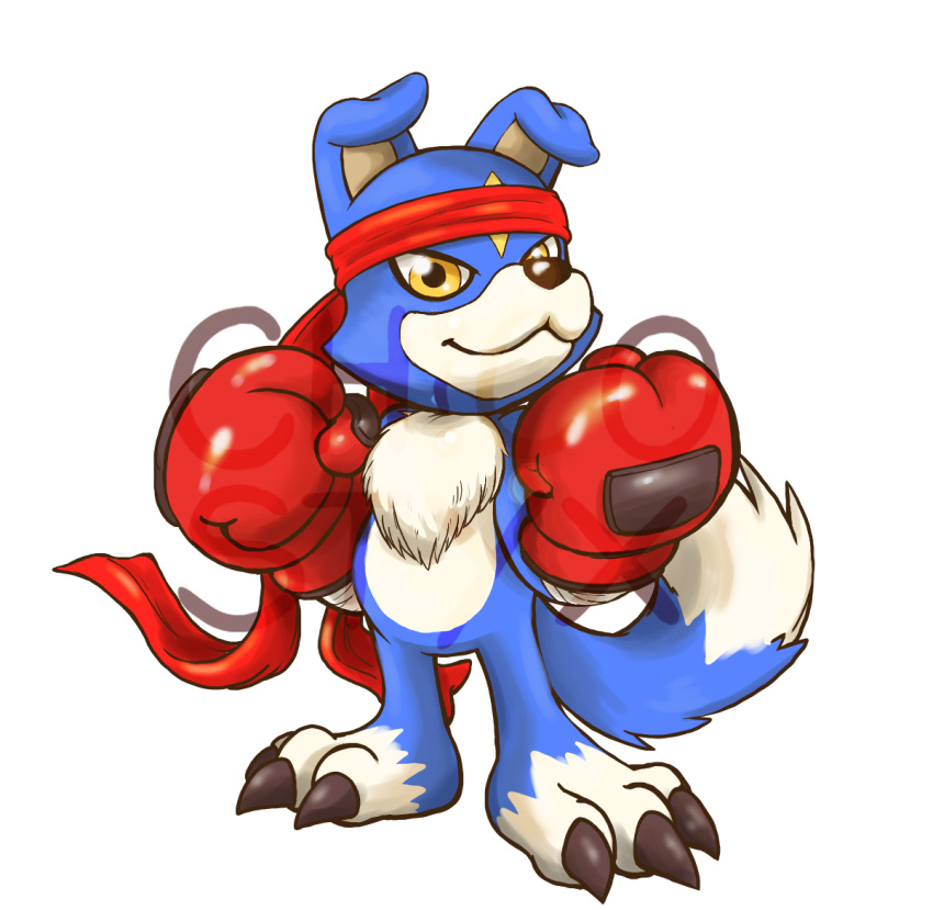 2019 3_toes accessory alpha_channel anthro bandai_namco black_nose blue_body blue_fur boxing_gloves canid canine chicostyx claws clothing digimon digimon_(species) feet fur gaomon handwear headband mammal markings simple_background smile solo standing toe_claws toes transparent_background watermark white_body white_fur yellow_eyes yellow_markings