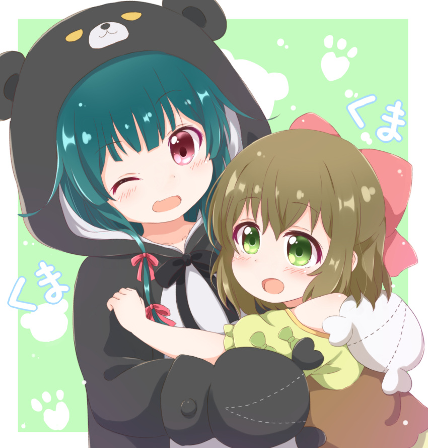 2girls :d ;d animal_costume animal_ears animal_hood araki495 bear_costume bear_ears bear_hood blush bow brown_hair brown_vest commentary_request dress fake_animal_ears fina_(kuma_kuma_kuma_bear) green_bow green_dress green_eyes green_hair hair_between_eyes hairbow hand_puppet highres hood hood_up hug kuma_kuma_kuma_bear multiple_girls off-shoulder_dress off_shoulder one_eye_closed open_mouth pink_bow puffy_short_sleeves puffy_sleeves puppet red_eyes short_sleeves smile vest yuna_(kuma_kuma_kuma_bear)