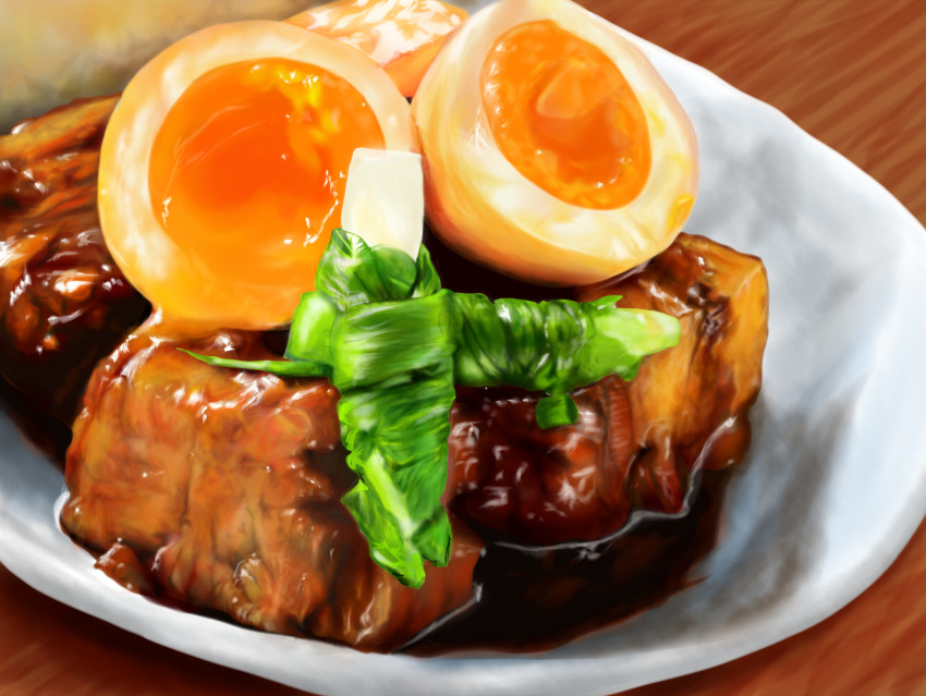 egg_(food) food food_focus hayaseiku kakuni meat nimono no_humans original painttool_sai_(medium) plate pork realistic sauce simple_background softboiled_egg still_life vegetable