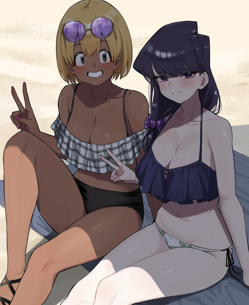 2girls ayatak0517 beach_towel bikini black_bikini black_hair blonde_hair blue_bikini breasts brown_eyes cleavage dark-skinned_female dark_skin day eyewear_on_head grin gyaru highres komi-san_wa_komyushou_desu komi_shouko large_breasts manbagi_rumiko mismatched_bikini multicolored_bikini multicolored_clothes multiple_girls navel off-shoulder_bikini off_shoulder outdoors plaid_bikini plaid_clothes purple-tinted_eyewear purple_eyes purple_scrunchie round_eyewear sand scrunchie side-tie_bikini_bottom smile sunglasses swimsuit tan teeth tinted_eyewear towel v white_bikini