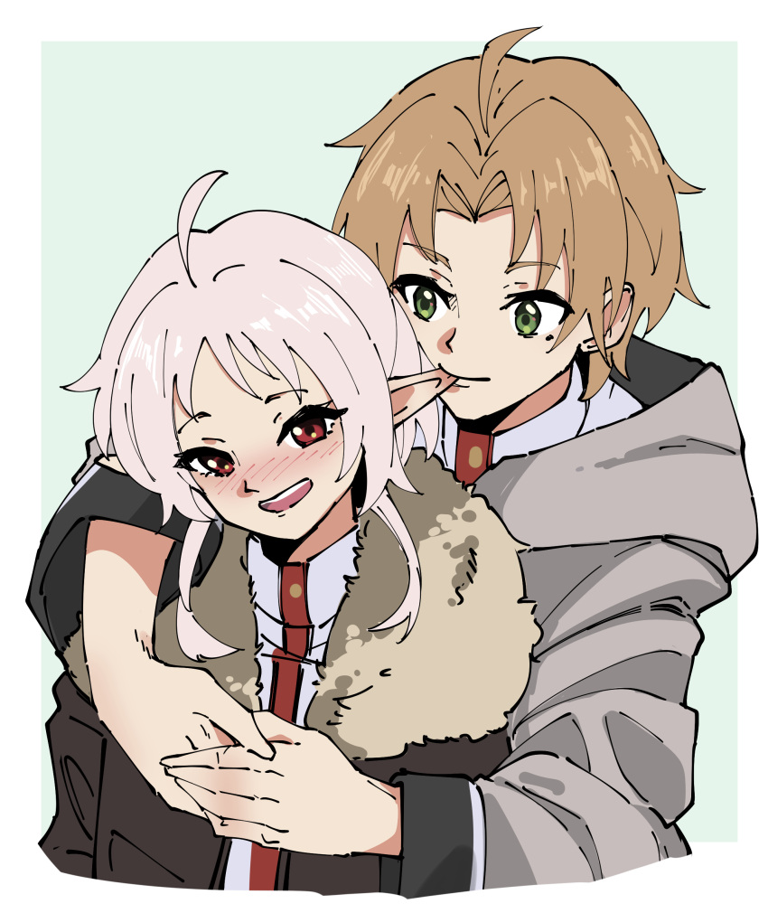 1boy absurdres ahoge biting blush brown_coat brown_hair coat couple ear_biting elf female fur-trimmed_coat fur_trim green_eyes grey_hair grey_robe highres hug hug_from_behind husband_and_wife masruu mushoku_tensei nibbling nose_blush pointy_ears ranoa_magic_academy_school_uniform red_eyes robe rudeus_greyrat school_uniform short_hair sylphiette_(mushoku_tensei)