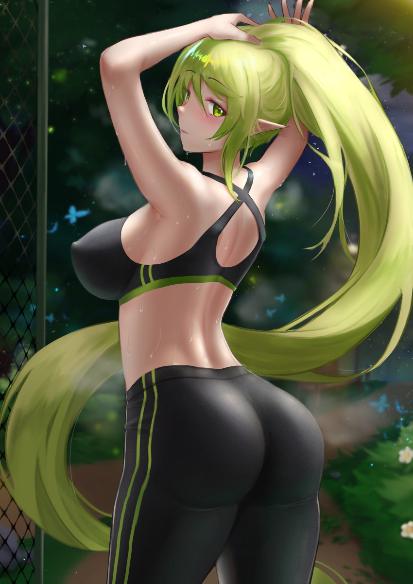 absurdly_long_hair absurdres anemos_(elsword) armpits arms_up ass back bare_shoulders black_pants black_sports_bra blush breasts check_commentary closed_mouth commentary commentary_request covered_nipples cowboy_shot elsword female forest from_behind green_eyes green_hair highres jixo_(user_nzhc8728) large_breasts light_green_hair long_hair looking_at_viewer looking_back nature outdoors pants pointy_ears ponytail rena_erindel shoulder_blades sideboob sidelocks skin_tight skindentation solo sports_bra sportswear sweat tight_clothes tight_pants tying_hair underwear very_long_hair