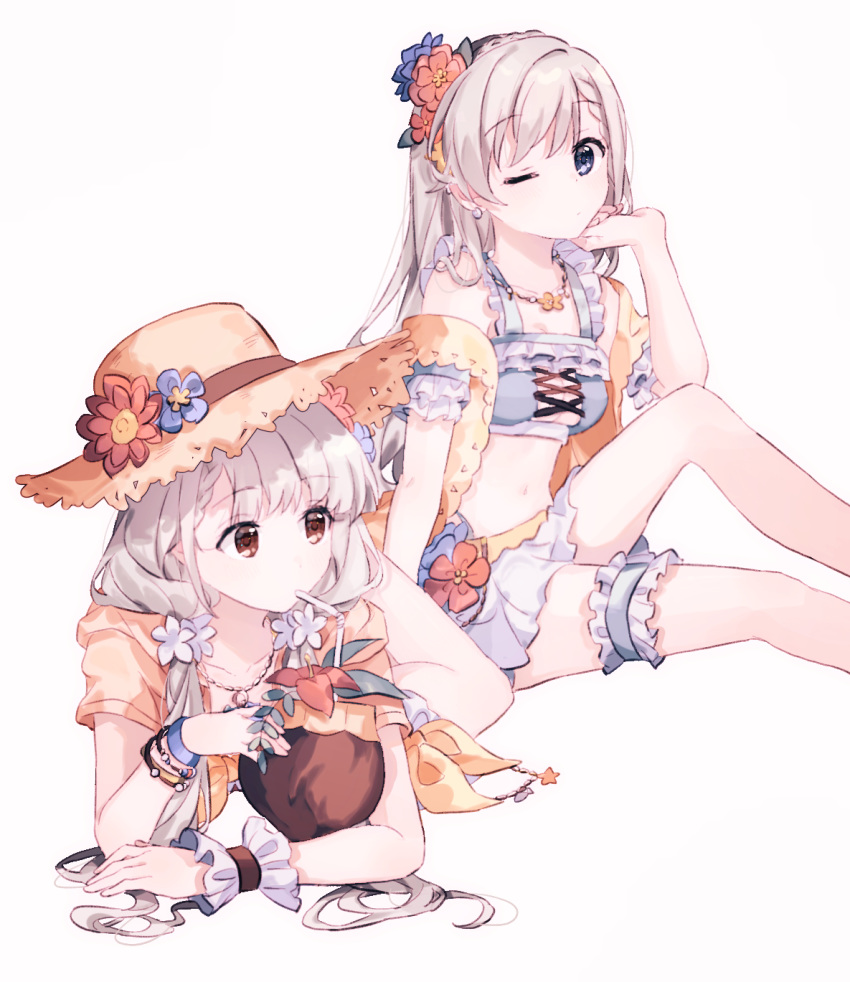 2girls bad_id bad_pixiv_id blue_eyes blunt_bangs braid braided_bangs breasts bridal_garter brown_eyes chinese_commentary cleavage cleavage_cutout clothing_cutout coconut collarbone commentary drinking drinking_straw feet_out_of_frame flower fruit_cup grey_hair hair_flower hair_ornament hat highres hisakawa_hayate hisakawa_nagi idolmaster idolmaster_cinderella_girls idolmaster_cinderella_girls_starlight_stage knee_up long_hair looking_at_viewer low_twintails lying medium_breasts migolu miniskirt multiple_girls navel on_stomach one_eye_closed siblings simple_background sisters sitting skirt sun_hat twins twintails white_background white_flower white_skirt