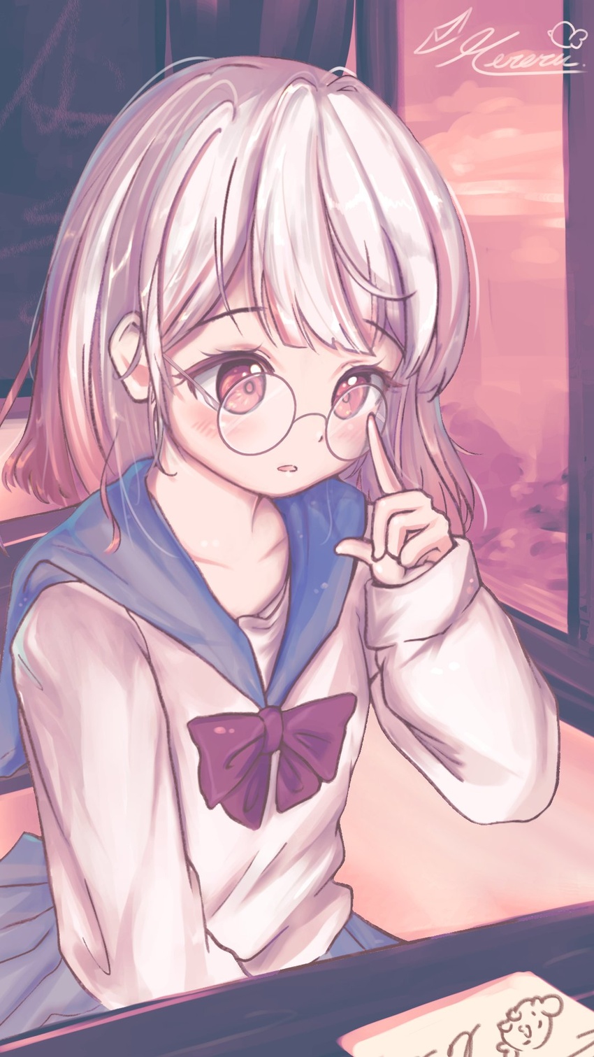 alternate_costume artist_name bespectacled collarbone commentary female flat_chest glasses hair_behind_ear highres looking_down making-of_available matsuro_meru matsuro_meru_(artist) medium_hair muni_(matsuro_meru) notebook open_mouth pink_eyes round_eyewear sailor_collar school_uniform serafuku solo symbol-only_commentary tsunderia virtual_youtuber window