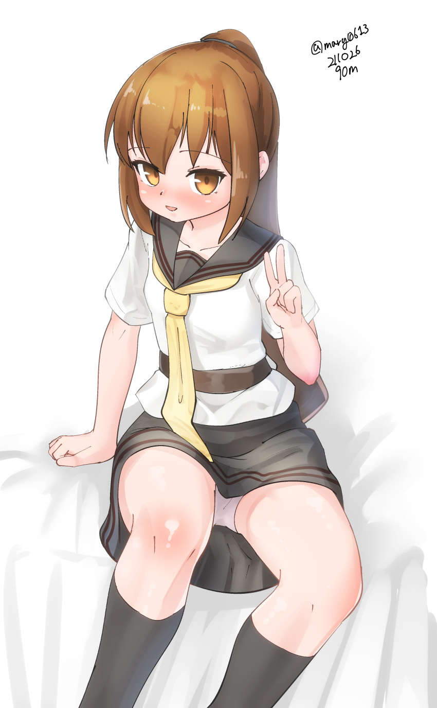 absurdres belt black_skirt black_socks blush brown_eyes brown_hair dated female fumizuki_(kancolle) hair_between_eyes highres kantai_collection kneehighs long_hair looking_at_viewer maru_(marg0613) neckerchief necktie on_bed panties pantyshot ponytail shirt sitting skirt socks solo twitter_username underwear v white_background white_panties white_shirt yellow_necktie