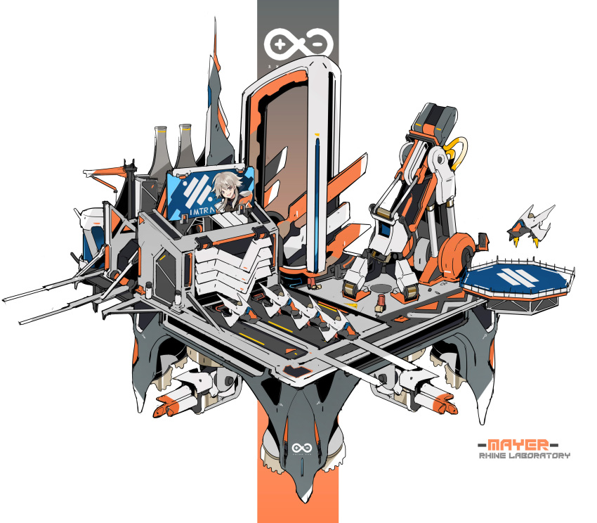 absurdres aircraft aircraft_catapult arknights billboard black_theme building character_name chimney chinese_commentary commentary_request crane_(machine) female highres machinery mayer_(arknights) mecha military military_vehicle orange_theme photoshop_(medium) rhine_lab_logo robot shinnasuka025 turret white_background