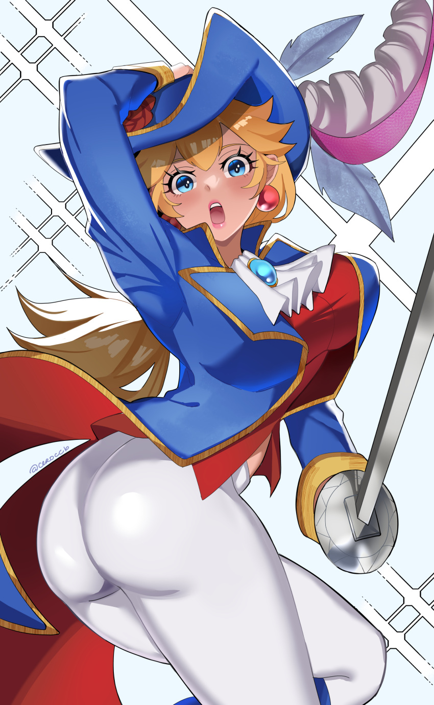 absurdres ascot ass blonde_hair blue_eyes blue_gemstone blue_hat blue_jacket blush breasts brooch ceroccb earrings female flower from_behind gem gloves hat hat_feather hat_flower highres holding holding_sword holding_weapon jacket jewelry large_breasts long_hair looking_at_viewer mario_(series) open_clothes open_jacket open_mouth pants ponytail princess_peach princess_peach:_showtime! rapier red_flower red_rose red_vest rose sideboob solo sphere_earrings sword swordfighter_peach tight_clothes tight_pants twisted_torso vest weapon white_ascot white_pants